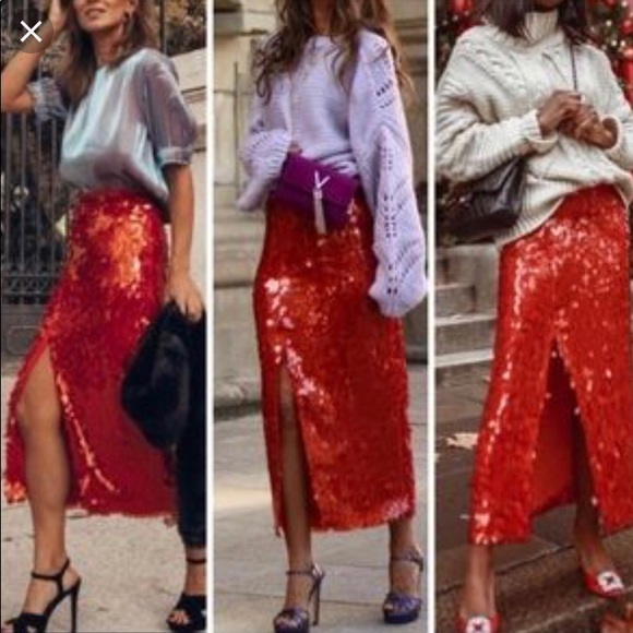 red sequin midi skirt
